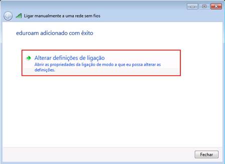 caixa de diálogo com opção de alterar definições de ligação.